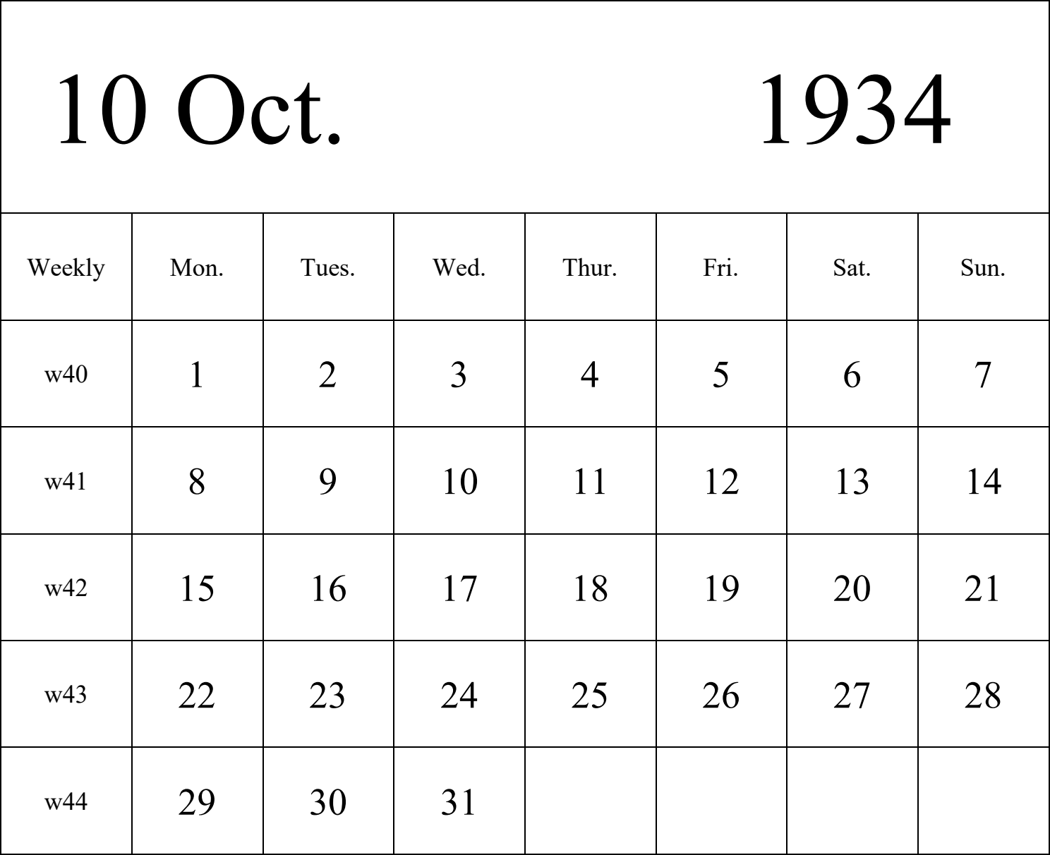 日历表1934年日历 英文版 纵向排版 周一开始 带周数